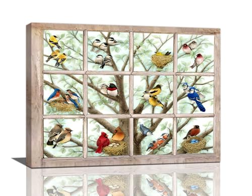 exroozy Rustic Birds Wall Art Farmhouse Hummingbirds on Branch Pictures Wall Decor Window View Colorful Bird Print Painting Artwork for Kitchen Bathroom Bedroom Living Room Ready to Hang 12"x16" - color: window birds, size: 12"L x 16"W