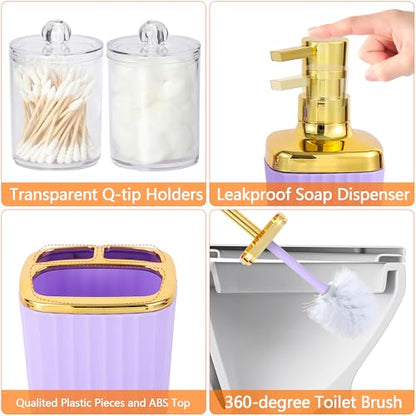 9 PCS Purple Bathroom Accessories Set with Trash Can Bathroom Accessory | All-in-One Kit with Trash Can,Toothbrush Holder,Soap Dispenser,Toothbrush Cup,Vanity Tray,Soap Dish,Toilet Brush etc for Home - color: Purple