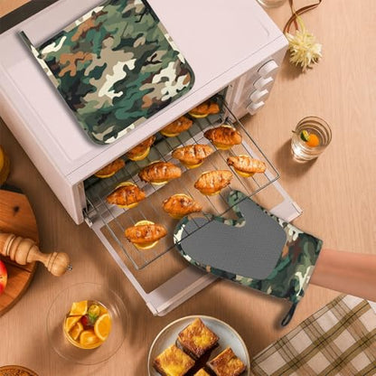 Green Camouflage Oven Mitt and Pot Holder with Silicone Heat Resistant Kitchen for Cooking BBQ Baking Grilling Cooking Protection - color: Green Camouflage