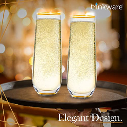 Stemless Champagne Flute Glass Set Of 4 With Gold Rim And Base - Mimosa Glass - Perfect For Bridesmaid Champagne Flute Or Dailyware - Set Of 4 Champagne Flutes Without Stems by Trinkware