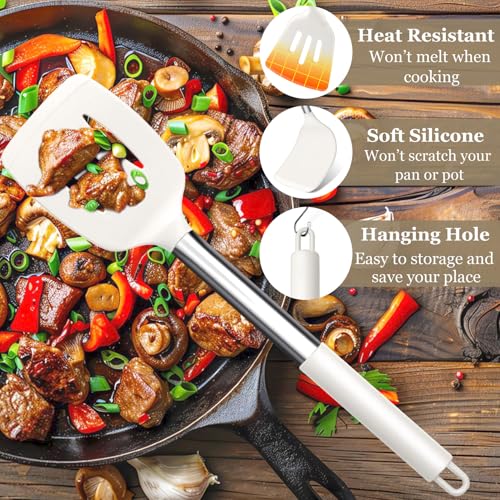 TeamFar Kitchen Utensils Set of 8, Silicone Utensils Kitchen Tools-White | Stainless Steel Handle, for Nonstick Cookware Cooking Stirring Turning, Food Grade & Heat Resistant, Dishwasher Safe - White - color: White