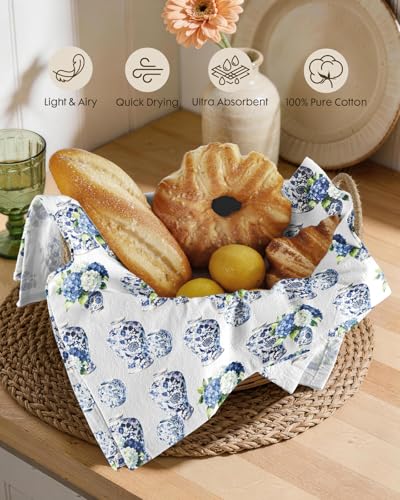 Flour Sack Kitchen Towels Set of 2, 18x26 Inch, Hydrangea | 150GSM Cotton, Lint-Free, Quick Dry, Hanging Loop, Lightweight Tea Towels, French Home Decor, Chinoiserie, Housewarming Gift - color: Hydrangea