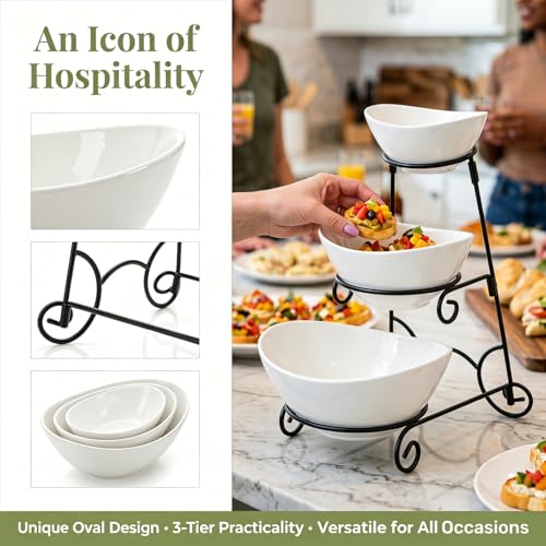 Covzoe 3 Tiered Chip and Dip Serving Set with Metal Stand | Ceramic Appetizer Bowls for Party, Food Display Platter Serving Dishes for Fruit Dessert Snacks