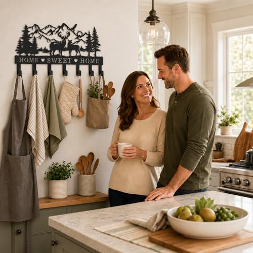 Deer Metal Key Holder for Wall, 14.5" X 9.2", Key Hooks for Wall Organizer, Key Rack, Forest Theme Coat Hat Towel Hooks, Ideal for Living Roo - size: Medium, style: Sweet Home
