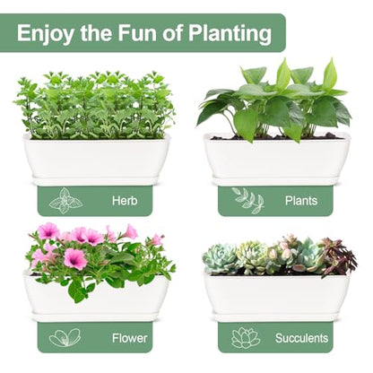 8-Piece White Rectangular Window Sill Planters with Drainage Holes and Trays (11 Inches) for Basil, Orchids, and Succulents Modern Herb Garden Planters Suitable for Indoor/Outdoor Plants - size: 11.1 x 3.23 x 3.54-inch