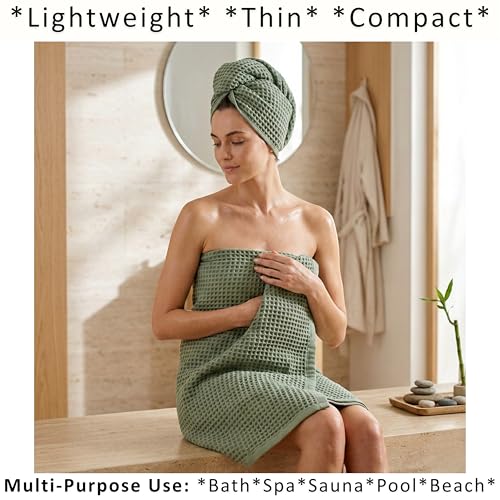 PÜSKÜL 2-Piece Natural 100% Turkish Cotton Waffle Bath Towels Extra-Large | Sage Green 32x63" Bath Sheet Towel, Light Soft Absorbent Quick-Dry Lint-Free Premium Honeycomb Weave Oeko-Tex Made in Turkiye - color: Sage Green