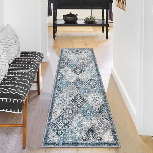 KILOCOCO 2x5 Washable Runner Rug, Nonslip Soft Area Rug for Hallway Kitchen | Moroccan Trellis Door Mat Indoor Floor Carpet for Entryway Front Backdoor Laundry Bedside Bedroom, Easy Clean - color: Blue/Multi, size: 2' x 5' (Runner)