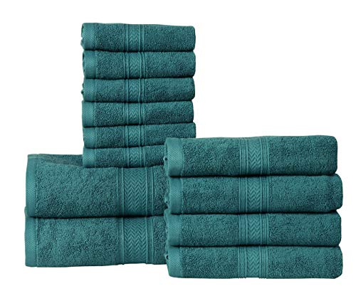 Hillfair 12-Piece 600 GSM Cotton Bath Towel Set - Hotel Spa Towels: 2 Bath, 4 Hand, 6 Washcloths - Absorbent, Super Soft - Teal - color: Teal, size: 12 Piece Towel Set