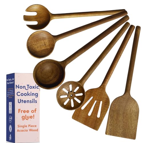 Non-Toxic Acacia Wooden Utensils Set, 6-Piece, Glue and Mineral Oil Free | One-piece solid wood. No hidden adhesives. Petroleum free. Finished with beeswax, flaxseed & lemon oil. Longer handles.