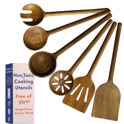 Non-Toxic Acacia Wooden Utensils Set, 6-Piece, Glue and Mineral Oil Free | One-piece solid wood. No hidden adhesives. Petroleum free. Finished with beeswax, flaxseed & lemon oil. Longer handles.