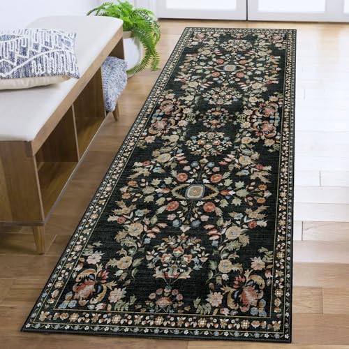 Washable Runner Rug 2x6 Area Rug Non Slip Ultra-Thin Floral | Long Throw Carpet for Hallway Kitchen Bedroom Bedside Laundry Room Floor Indoor Low Pile Botanical Boho Vintage Black - color: Black, size: 2' x 6' (Rectangular)