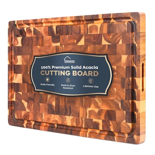 Howizz Solid Acacia Wood 24"x18" Extra Large Cutting Board, Extra End 1.5" Grain Thick Chopping Boards, Non Toxic, Juice Grooves & Handles, Pre-Oiled Wooden Trays for Kitchen, Gift-Ready - color: End Grain, size: 24"L x 18"W
