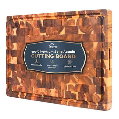 Howizz Solid Acacia Wood 24"x18" Extra Large Cutting Board, Extra End 1.5" Grain Thick Chopping Boards, Non Toxic, Juice Grooves & Handles, Pre-Oiled Wooden Trays for Kitchen, Gift-Ready - color: End Grain, size: 24"L x 18"W