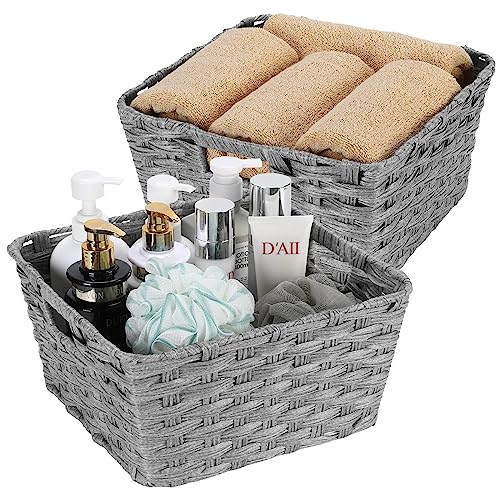 2-Pack Plastic Wicker Storage Baskets for Bathroom, 12"x12"x6", Grey | onlytak Woven Storage Baskets, Stackable & Durable, for Shelves, Closet, Toilet Paper, Home Organizing - color: Grey, size: 12" x 12" x 6"