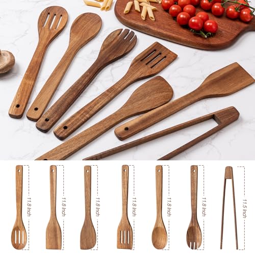 Eisinly Wooden Spoons for Cooking 7-Piece, Kitchen Nonstick Wood Cooking Utensils Set, Durability Wooden Spatula Spoon for Everyday Use, Brown - color: Brown-Wood, style: Square-edge