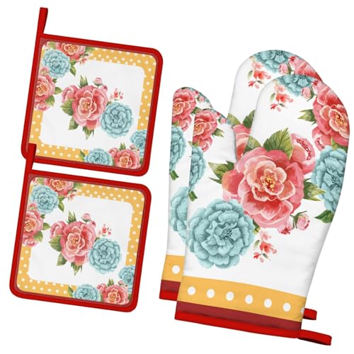 4 PCS Cotton Oven Mitts and Pot Holders Sets,Pioneer Flower Oven Gloves Heat Resistant Colorful Kitchen Mitts Hot Pads,Kitchen Decor for Women Cooking Baking Grilling BBQ (Light Blue Pink Flower) - color: Light Blue Pink Flower