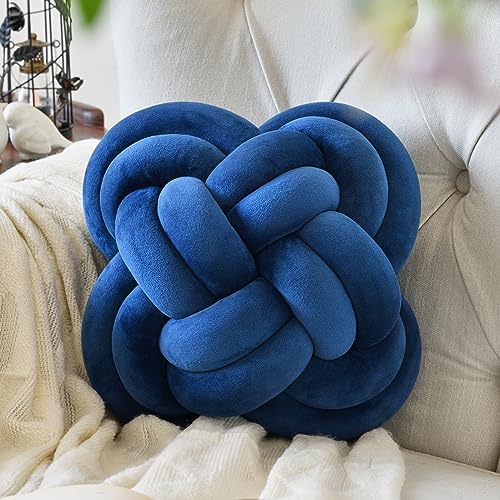 Knot Pillow Ball, 12" Decorative Throw Pillows for Couch Bed, Navy Blue | Decor Knotted Square Floor Pillow Cushions with Velvet Fabric for Bedroom Living Room - color: Navy Blue