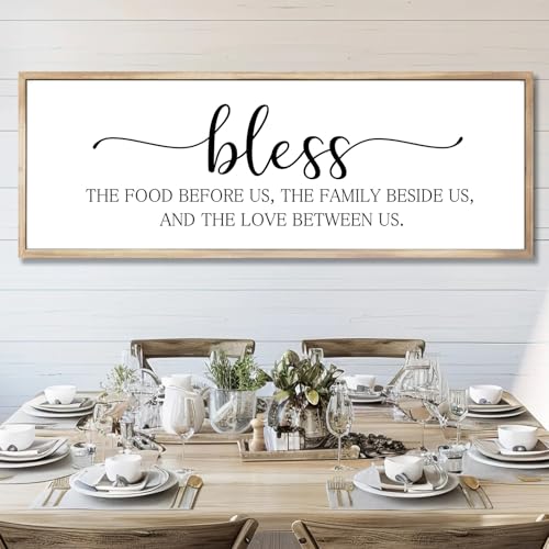 Rutiyoka Bless the Food Before Us Sign Framed Farmhouse Dining Room Wall Decor Large 42"×15" Wood Kitchen Wall Art Brown - color: bless the food (brown frame)
