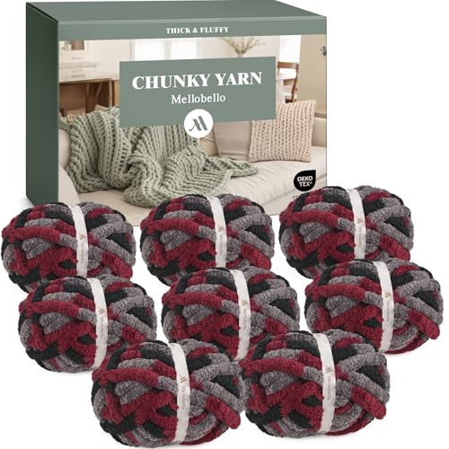 Jumbo Chunky Yarn for Hand Knitting - Super Thick Chenille Chunky Yarn for Crocheting - Extra Soft Bulky Fluffy Blanket Big Yarns 8 Jumbo Pack (27yds,8 oz Each Skein) - color: Burgundy Night