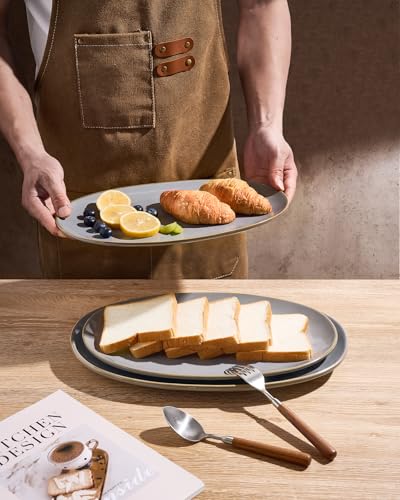 famiware Serving Platter, Oval 15.59/14.3/12.9 inch Serving Dishes for Entertaining, Serving Bowls, Microwave Safe, Fine Stonware Serving Trays for Party, Turkey, Cheese, Ocean Series, Dark Grey - color: Dark Gray