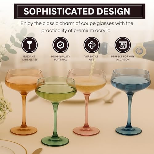 Khen 10.15 Ounce Plastic Acrylic Multicolor Coupe Glasses (Set of 4), Martini Glasses, Champagne Saucers, Reusable, BPA-Free, Shatter-Proof, Dishwasher-Safe, Perfect for Poolside, Outdoors, and More