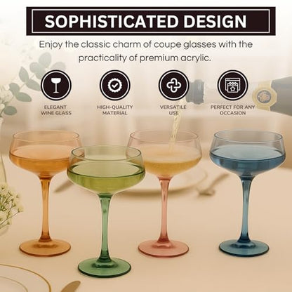 Khen 10.15 Ounce Plastic Acrylic Multicolor Coupe Glasses (Set of 4), Martini Glasses, Champagne Saucers, Reusable, BPA-Free, Shatter-Proof, Dishwasher-Safe, Perfect for Poolside, Outdoors, and More