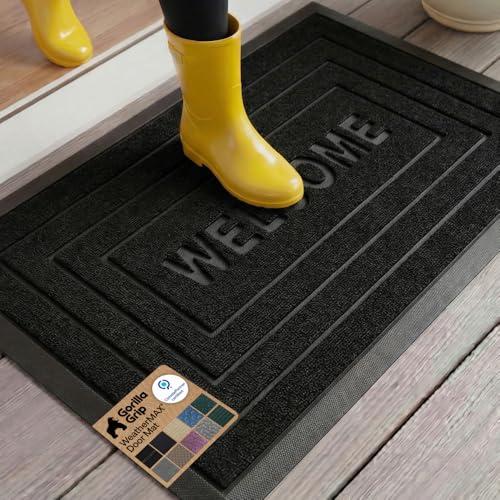 GORILLA GRIP 100% Waterproof All-Season WeatherMAX Doormat 35x23, US Designed Natural Rubber, Stain and Fade Resistant, Low Profile Indoor Outdoor Door Mats, Easy Clean Patio Mat, Black Welcome - color: Black Welcome, size: 35" x 23"