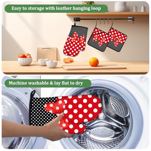 Red Black Polka Dot Bow Oven Mitts and Pot Holders Sets 4 Pcs Silicone Kitchen Gloves Heat Resistant Potholders for Baking Grilling BBQ - color: Polka Bow