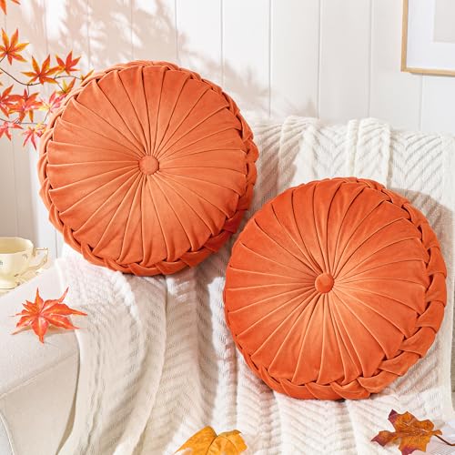 ROSE&RISY Round Pleated Velvet Throw Pillows, 2 Pack Decorative Accent Pumpkin Pillow Cushion for Couch Sofa Bed, Soft Plush Retro Vanity Throw Pillows for Home Decor, 14.5 Inch, Orange - color: Orange
