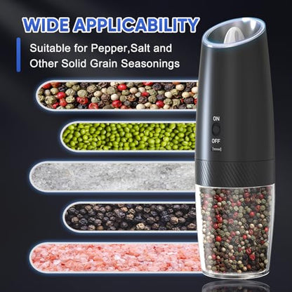 RECHARGEABLE - Gravity Electric Pepper and Salt Grinder Set, Adjustable Coarseness, With LED Light, One Hand Automatic Operation, 2 Pack-Black