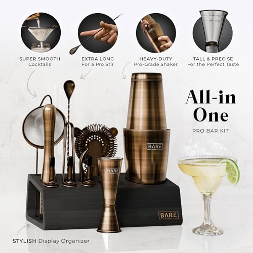 BARE BARREL® Mixology Bartender Kit Bar Set | 14-Piece Cocktail Shaker Set | Martini Barware Mixing Tools for Home Bartending | Incl. 35 Recipe Cards | Gift Set (28oz Boston Shaker, Brass/Black) - color: Brass/Black