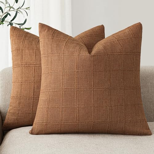 Foindtower Set of 2 Decorative Linen Check Throw Pillow Covers Neutral Farmhouse Vintage Cushion Covers Modern Boho Home Decor for Sofa Chair Couch Bedroom Living Room,16×16 Inch,Orange - color: Autumnal, size: 16" x 16" (Pack of 2)
