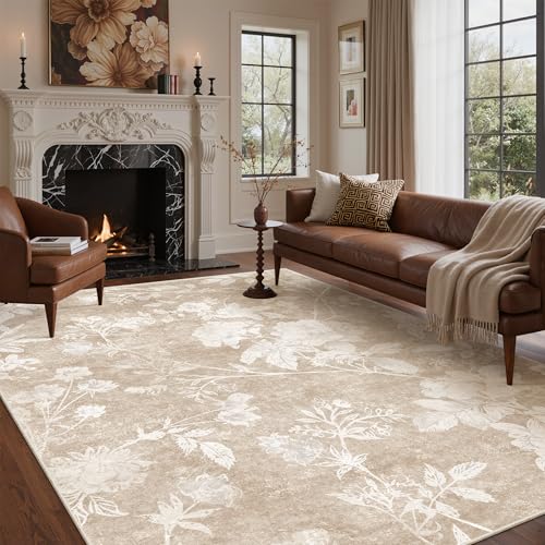 Soalmost Floral Washable Rugs 6x9 for Living Room, Neutral Soft Rug Tan | Oriental Flower Area Rug with Low-Pile Non-Slip Thin Throw Carpet for Bedroom Farmhouse Dining Room Nursery Home Office 6'x9' - color: Floral Tan, size: 6' x 9' (Rectangular)