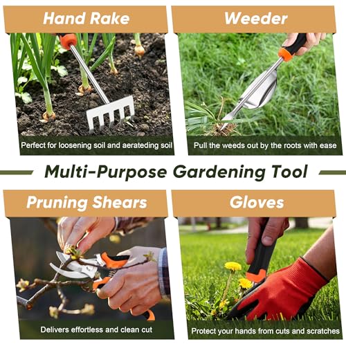 Joyfair Gardening Tools, 8 Pcs Stainless Steel Heavy Duty Garden Tool Set | 1.35MM Thickness, Rust-Proof & Easy Clean, Less Prone to Breakage, Ergonomic Contoured Grip, Suitable for Garden Weeding Work
