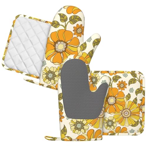 Retro 70s Style Flower Oven Mitts and Pot Holders Sets Silicone Kitchen Mitts Potholders Heat Resistant 4Pcs Oven Gloves Hot Pads for Kitchen Baking Cooking BBQ Grilling - color: Plant Flower