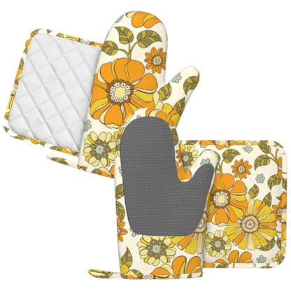 Retro 70s Style Flower Oven Mitts and Pot Holders Sets Silicone Kitchen Mitts Potholders Heat Resistant 4Pcs Oven Gloves Hot Pads for Kitchen Baking Cooking BBQ Grilling - color: Plant Flower