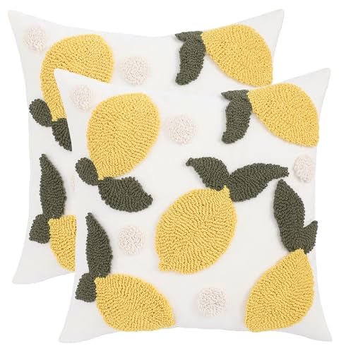 Embroidered Throw Pillow Covers 18x18 inch Pack of 2 Yellow Lemons | Durable Fabric,Decorative Pillow Covers,Boho Decor,Hidden Zipper,Aesthetic Design,Ideal Gift,Machine Washable - color: Yellow Lemon With Green Leaves