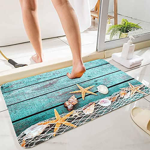 LYFANS Bath Rugs Sponge Foam Absorbent Soft for Bathroom and Kitchen (30X17 inches), Flannel Mat Non Slip Bright 3D Print for Bedside and Living Room(Starfish on Blue Wooden Board) - color: Starfish on Blue Wooden Board 5, size: 30X17 inches
