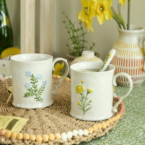 2 Pack Floral Ceramic Coffee Mugs - Yellow and Blue Flowers, Hand-Painted, Microwave & Dishwasher Safe, Ideal for Cappuccino, Tea, Hot Chocolate - color: Two-piece set