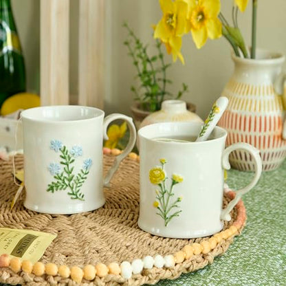 2 Pack Floral Ceramic Coffee Mugs - Yellow and Blue Flowers, Hand-Painted, Microwave & Dishwasher Safe, Ideal for Cappuccino, Tea, Hot Chocolate - color: Two-piece set