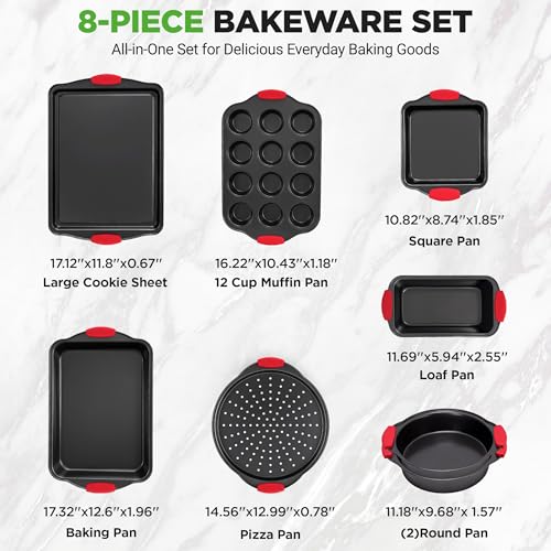 NutriChef Non-Stick Kitchen Oven Baking Pans-Deluxe & Stylish Nonstick Gray Coating Inside Outside, Commercial Grade Restaurant Quality Metal Bakeware with Red Silicone Handles NCSBS8S, 8 Piece Set - size: 8-Piece Set