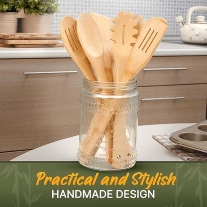 Wooden Utensil Set, Bamboo Utensils – 7 PCs Wood Spoons for Cooking | Lightweight, Easy to Clean, Sturdy & Heat Resistant – Food-Safe, Multipurpose for Stirring & Serving - size: 7 Pieces