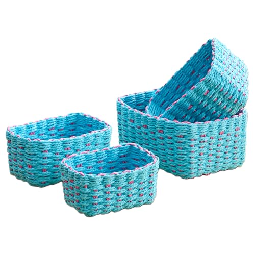 4PCS Woven Storage Baskets Set, Small Baskets for Organizing, Square Handwoven Paper Rope Organizer Bins for Shelves and Home Storage (Blue & Pink) - color: Blue & Pink