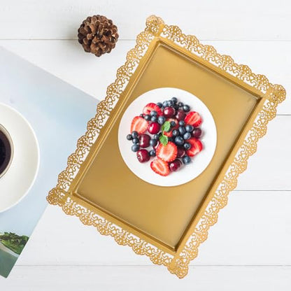 Ipetboom Rectangular Iron Serving Tray Decorative Food Plate with Hollow Lace Edge Gold Finish Multi-functional Fruit and Snack Display Dish for Home Entertaining