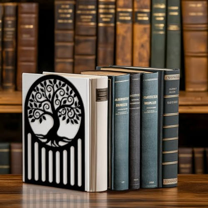 5.3"x4.3"x7.9" Metal Bookends, Heavy Duty Book Ends for Shelves | Tree Of Life Pattern Theme Cast Iron Book Supports, 1 Pair Decor Stoppers for Desk, Library, Office & Home Shelves - style: Tree Of Life Pattern