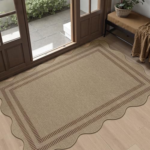 Easy Jute Front Door Mat, 2.6x4 Washable Entryway Rug Non Slip Small Kitchen Rug, Farmhouse Low Pile Floor Scalloped Rugs for Bathroom Porch Doorway - color: Brown Geometric-2, size: 2.6'x4' (Rectangular)