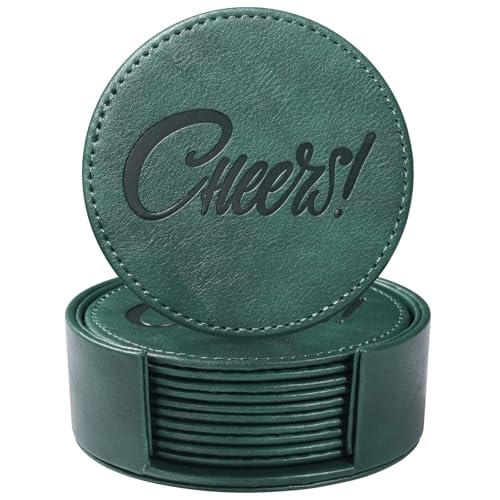 Coasters for Drinks Set of 6 with Holder, 6-Piece Leather Coasters with Embossed Cheers Marks - Durable Drink Coasters Set for Home, Bar, or Office - Green - color: Green