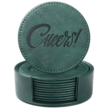 Coasters for Drinks Set of 6 with Holder, 6-Piece Leather Coasters with Embossed Cheers Marks - Durable Drink Coasters Set for Home, Bar, or Office - Green - color: Green
