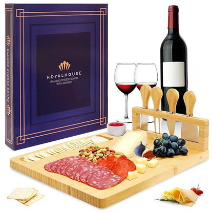 Bamboo Cheese Board and Knife Set with Magnetic Holder | Serving Tray for Crackers, Meat, and Wine - Anniversary and Wedding Gift - style: Cheese Board Set with Magnet Holder