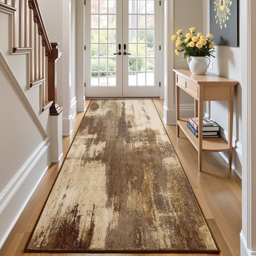 Kelarea Washable Runner Rug 2.6x8, Non-Slip Low Pile Abstract Brown | Water & Stain Resistant, Pet Friendly, Easy Clean, Ultra Soft, for Entrance, Kitchen, Bedroom, Hallways - color: Brown, size: 2'6" x 8' (Rectangular)
